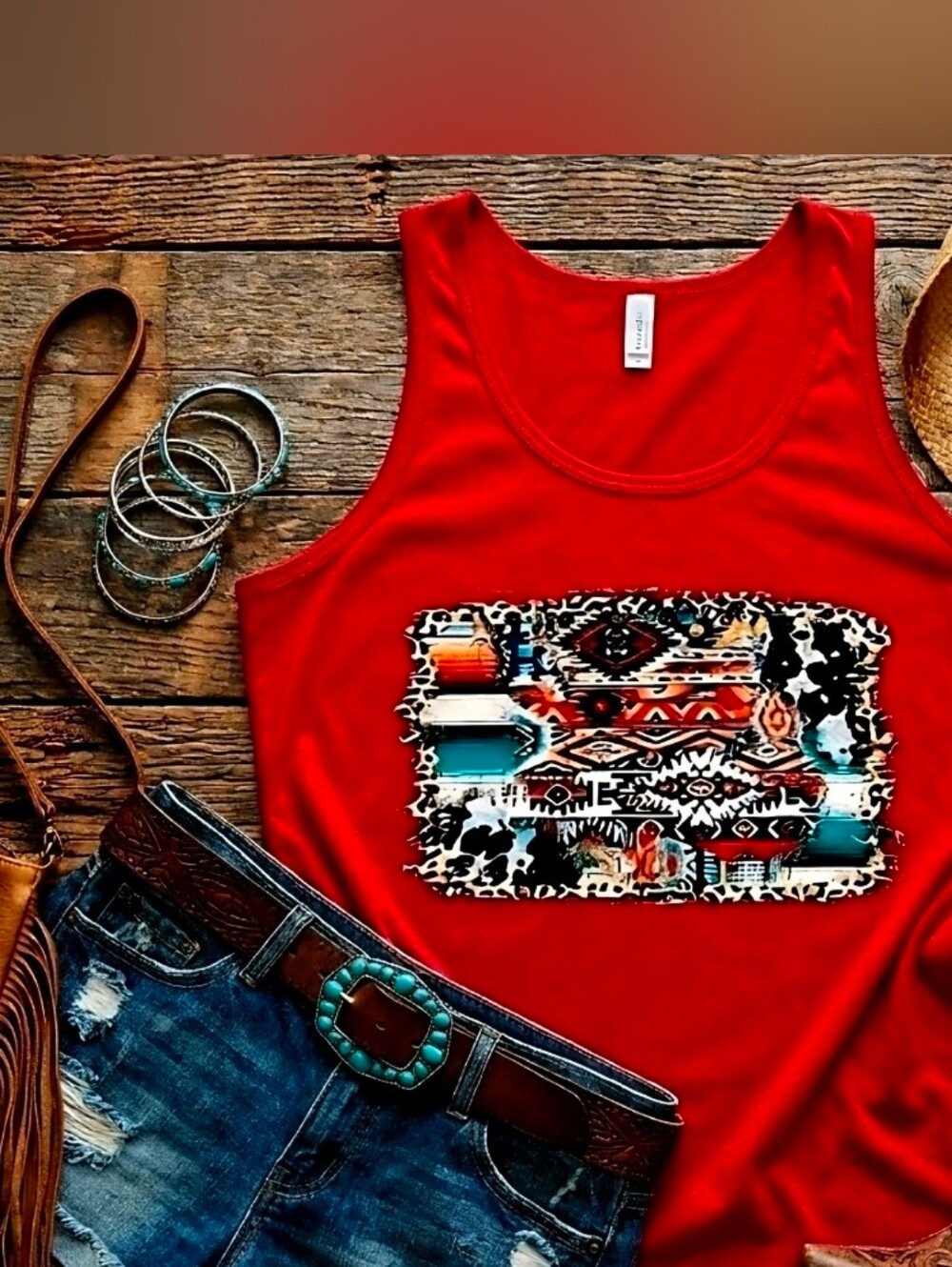 Southwestern Cowhide Patch Tank • Red Aztec Sleeveless Top • Western Boho